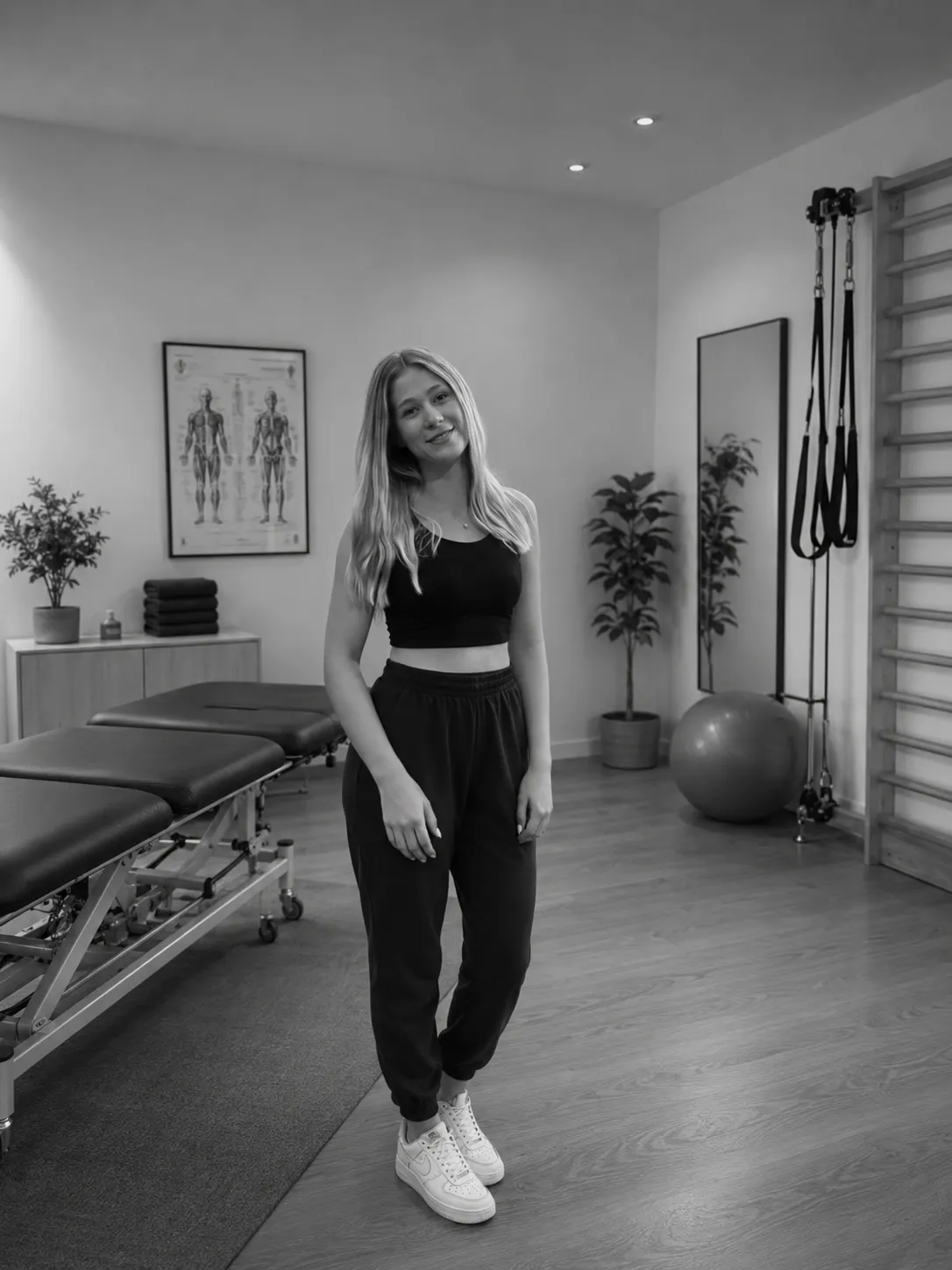 Sandra Zitzmann in ihrem Studio mit Behandlungsliege und Trainingsgeräten